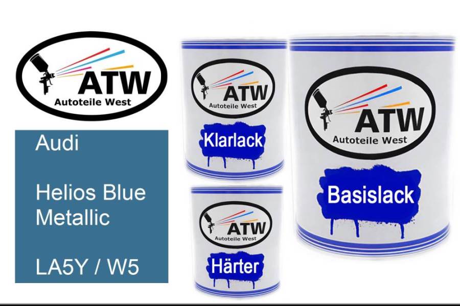 Audi, Helios Blue Metallic, LA5Y / W5: 1L Lackdose + 1L Klarlack + 500ml Härter - Set, von ATW Autoteile West.